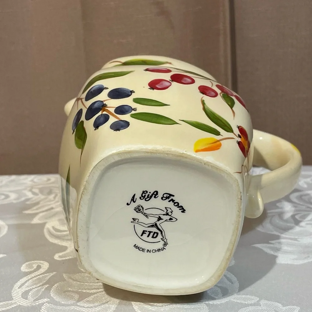 Vintage 1980s FTD Ceramic Pitcher Vase - Hand Painted Fruit Design 32oz EUC